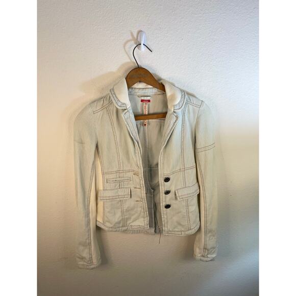 Distressed Free People Boho Denim Jacket Blazer Granola Twilight Costal Size 0 - Picture 2 of 7